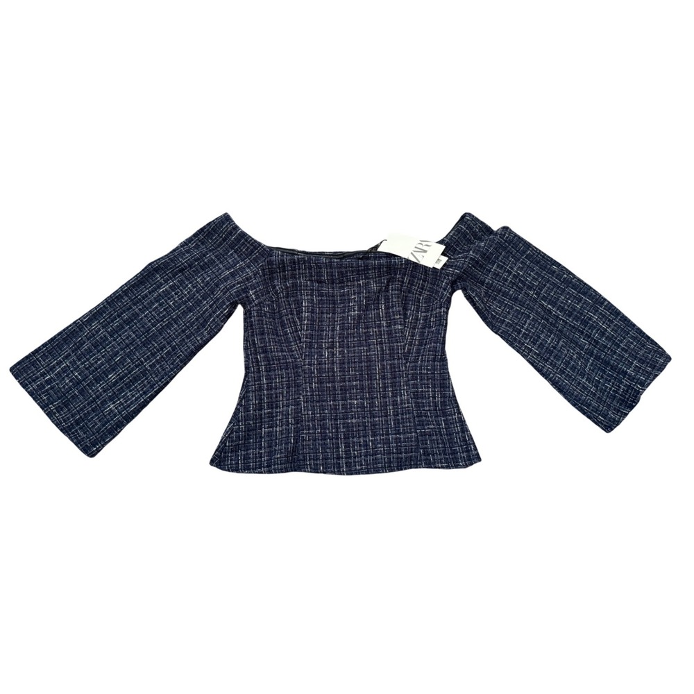 ZARA Women Navy Plaid Tweed Corset Top Flare Sleeve Bell Sleeve Cropped